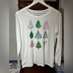LOFT Festive Christmas Tree Palm Tree White Graphic Long Sleeve Shirt Small
